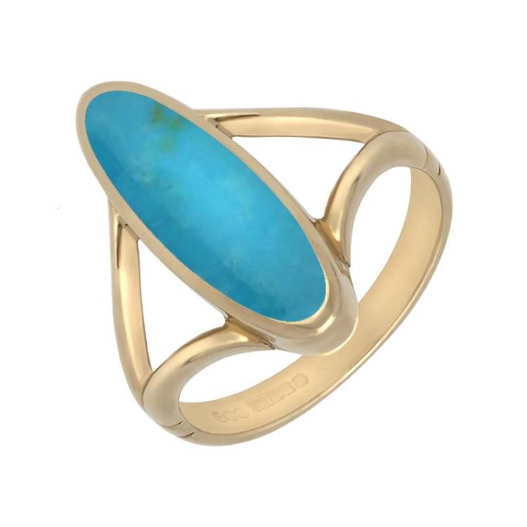 9ct Yellow Gold Turquoise Oval Split Shank Ring - Yellow Gold