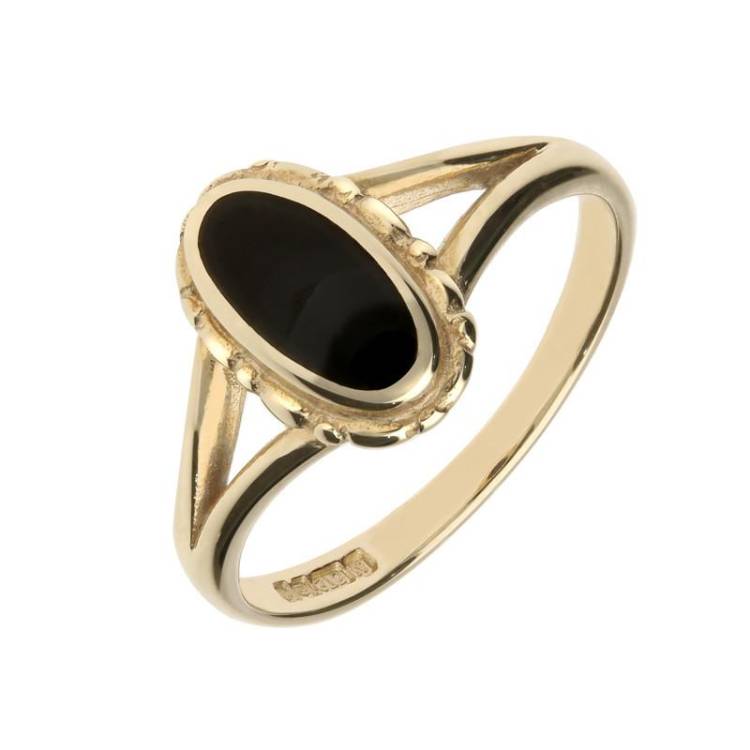 9ct Yellow Gold Whitby Jet Oval Split Shank Ring - Yellow Gold