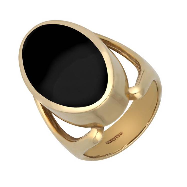 9ct Yellow Gold Whitby Jet Oval Split Shoulder Ring - Option1 Value Yellow Gold