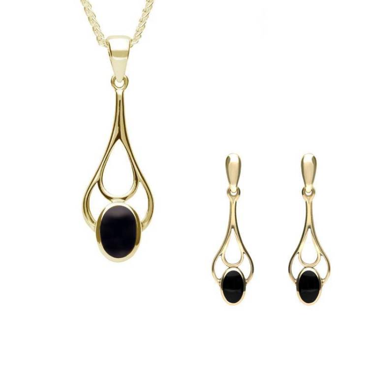 9ct Yellow Gold Whitby Jet Oval Spoon Two Piece Set
