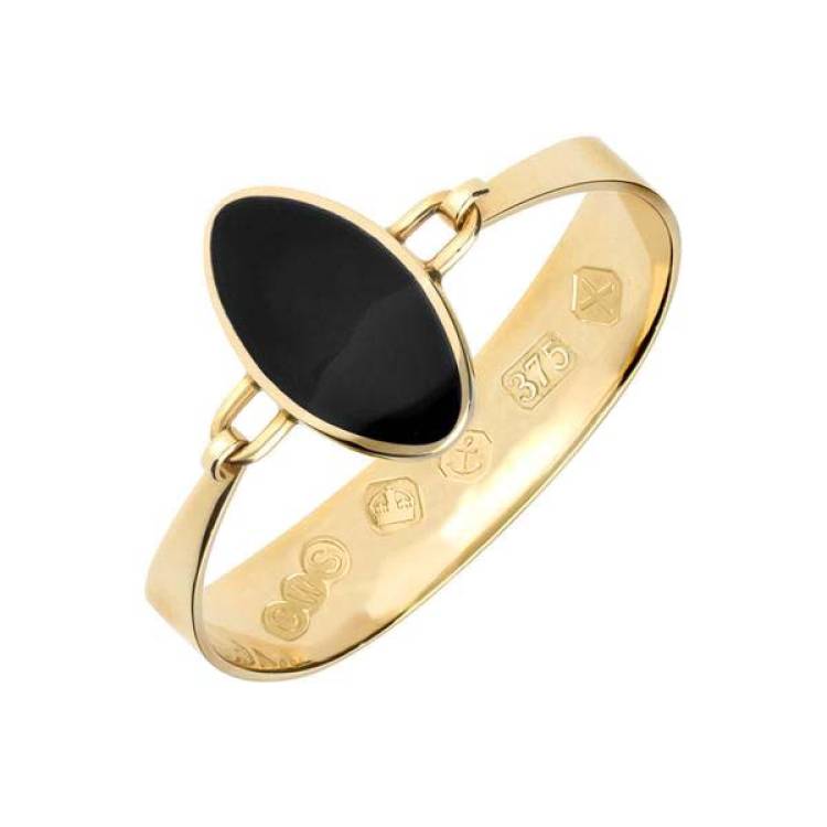 9ct Yellow Gold Whitby Jet Oval Stone Heavy Bangle - Yellow Gold