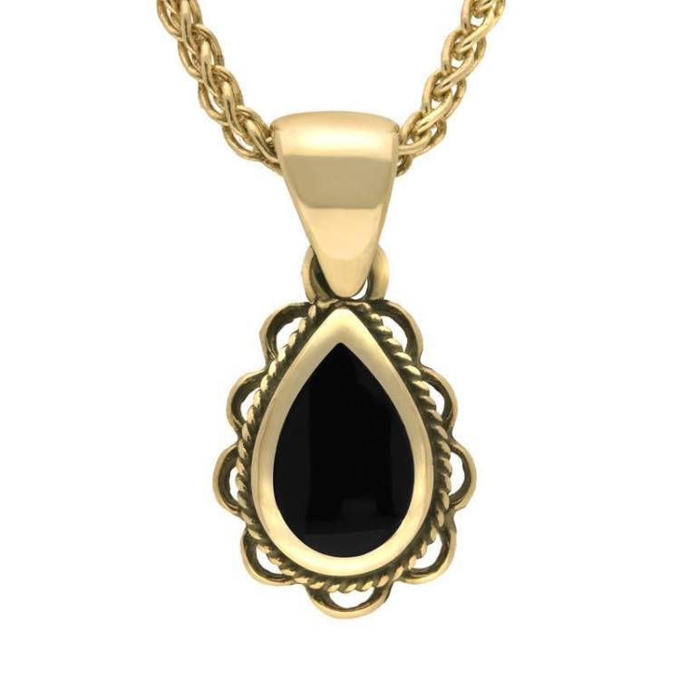9ct Yellow Gold Whitby Jet Pear Drop Frill Necklace - Option1 Value Yellow Gold