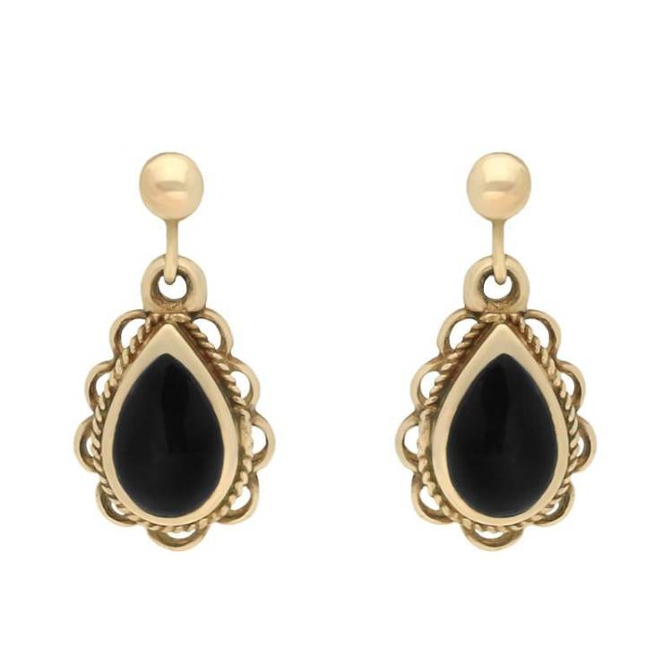9ct Yellow Gold Whitby Jet Pear Rope Frill Drop Earrings - Yellow Gold