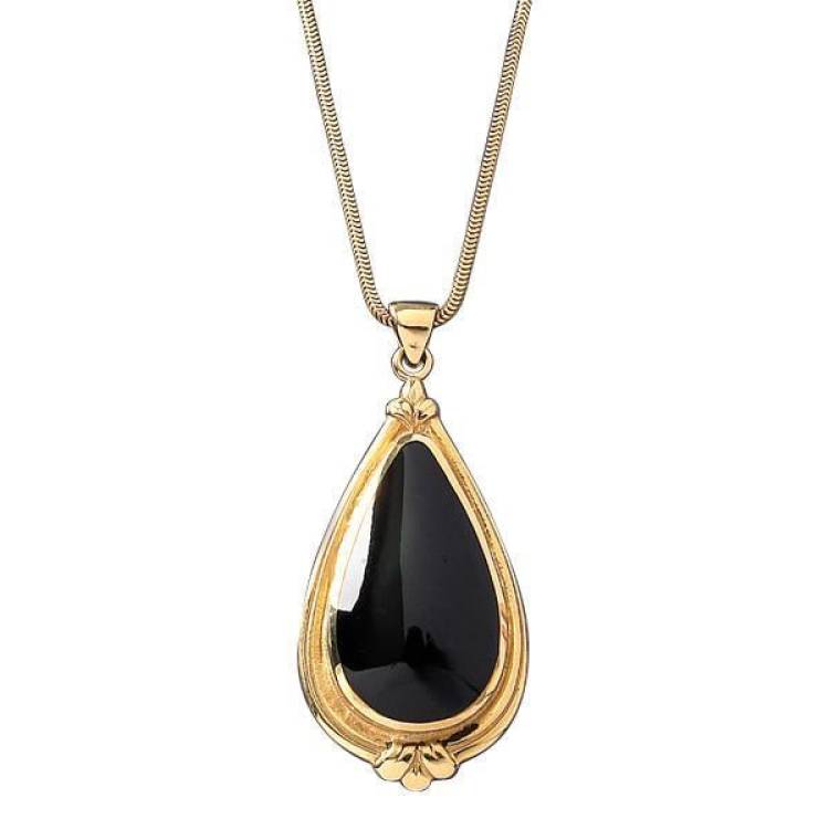 9ct Yellow Gold Whitby Jet Pear Shape Fleur Necklace - Yellow Gold