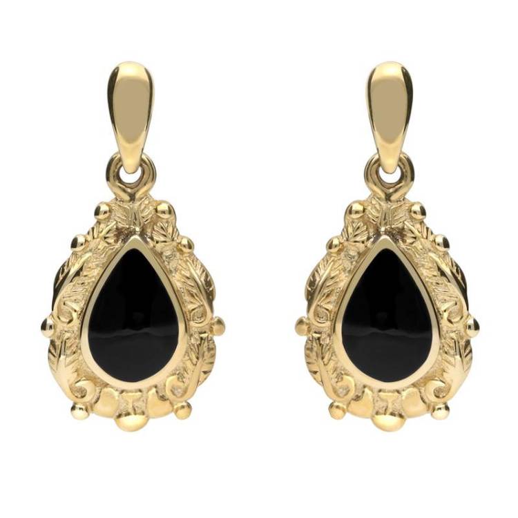 9ct Yellow Gold Whitby Jet Pear Shaped Leaf Drop Earrings - Yellow Gold