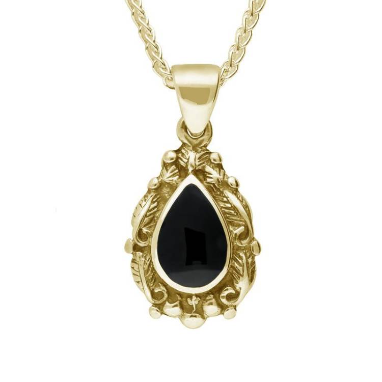 9ct Yellow Gold Whitby Jet Pear Shaped Leaf Drop Necklace - Yellow Gold