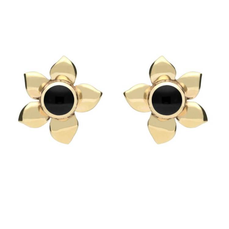 9ct Yellow Gold Whitby Jet Petal Stud Earrings - Option1 Value Yellow Gold