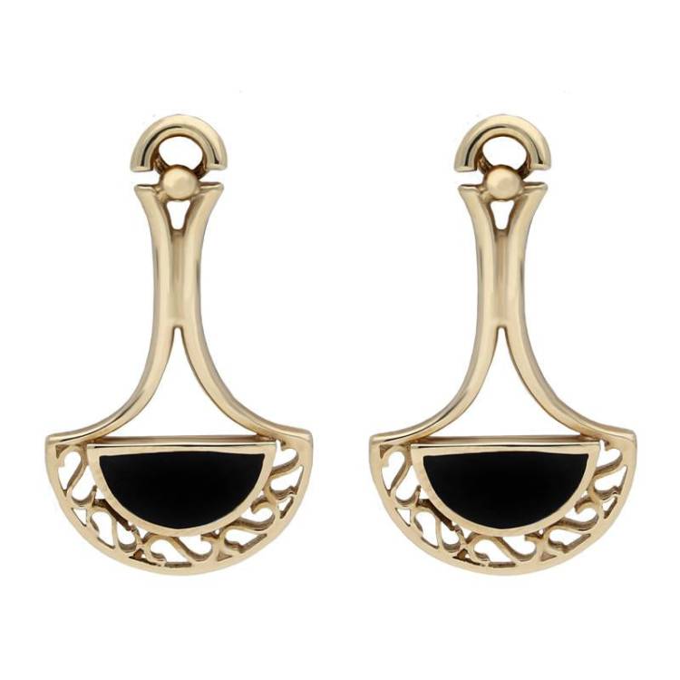 9ct Yellow Gold Whitby Jet Pierced Fan Drop Earrings - Yellow Gold
