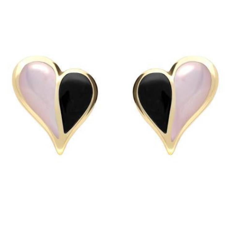 9ct Yellow Gold Whitby Jet Pink Mother of Pearl Split Heart Stud Earrings - Yellow Gold
