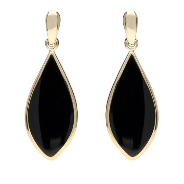 9ct Yellow Gold Whitby Jet Pointed Pear Drop Earrings - Yellow Gold