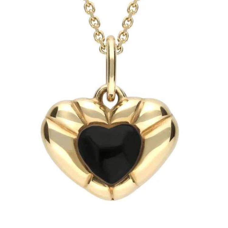 9ct Yellow Gold Whitby Jet Ridged Heart Necklace - Yellow Gold