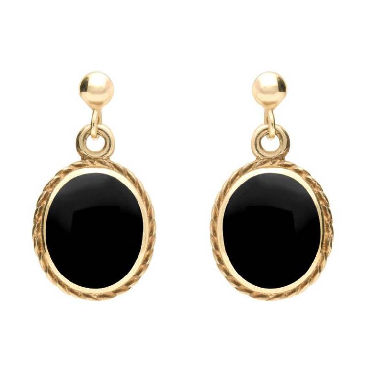 9ct Yellow Gold Whitby Jet Rope Edge Oval Drop Earrings - Yellow Gold