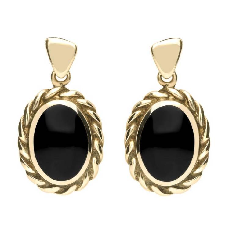 9ct Yellow Gold Whitby Jet Oval Rope Edge Triangle Bail Drop Earrings - Yellow Gold