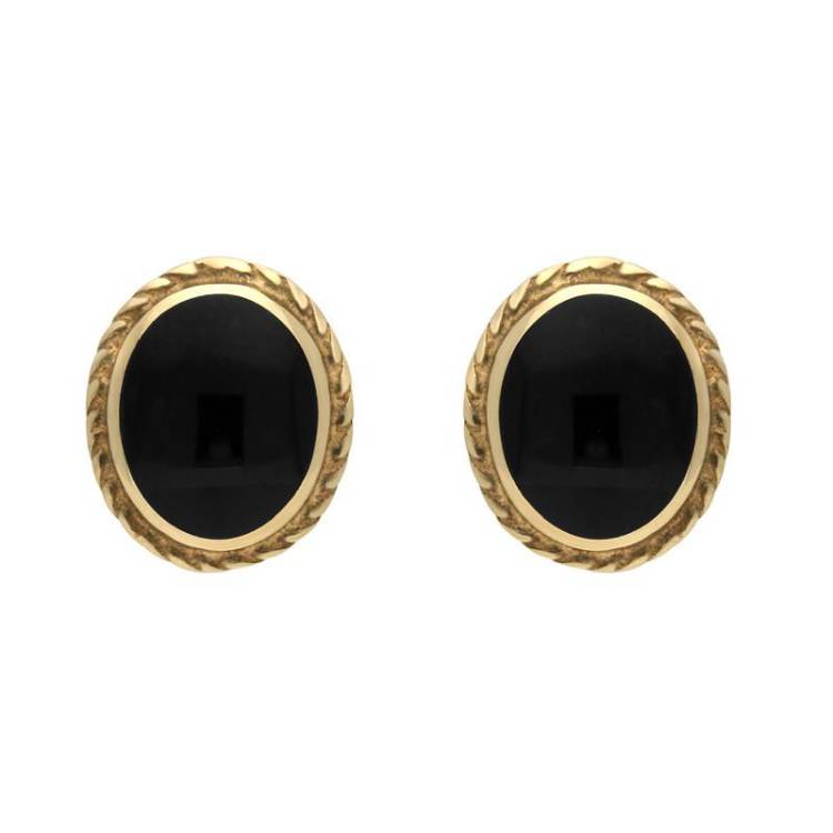 9ct Yellow Gold Whitby Jet Rope Edge Stud Earrings - Yellow Gold