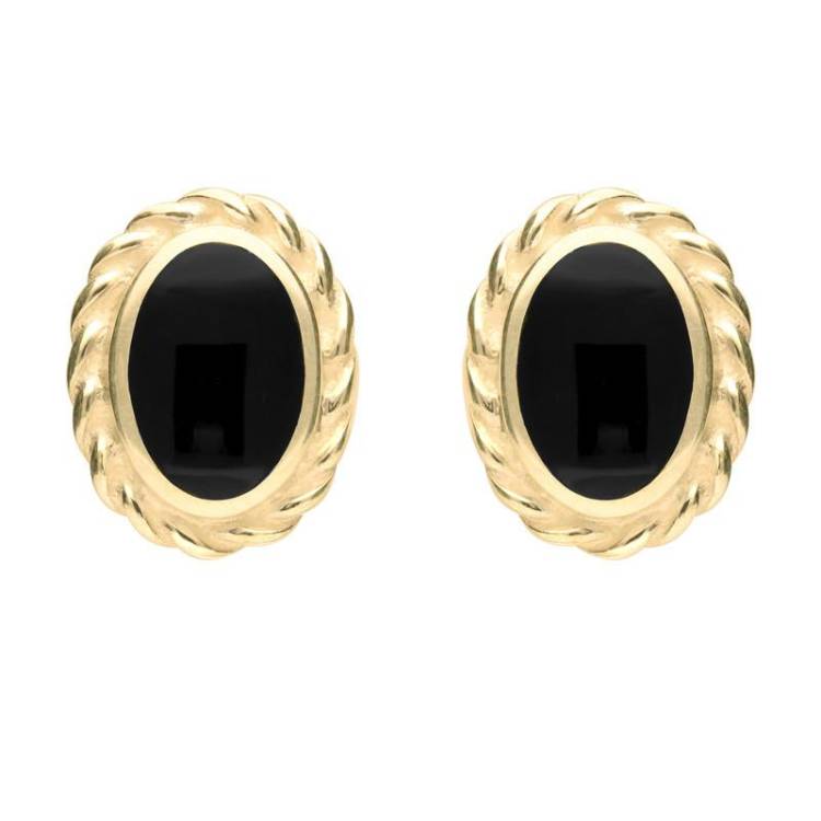 9ct Yellow Gold Whitby Jet Rope Edge Oval Stud Earrings - Yellow Gold
