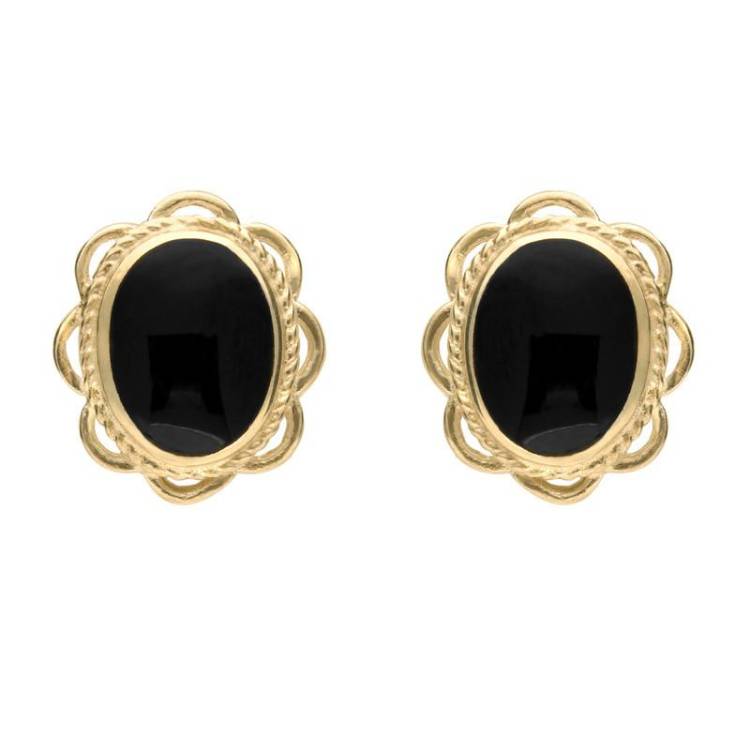 9ct Yellow Gold Whitby Jet Rope Frill Edge Oval Stud Earrings - Yellow Gold