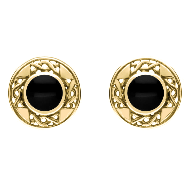 9ct Yellow Gold Whitby Jet Round Celtic Stud Earrings - Yellow Gold
