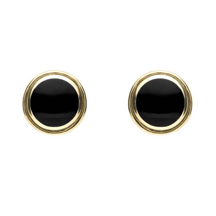 9ct Yellow Gold Whitby Jet Round Plain Edged Stud Earrings - Yellow Gold