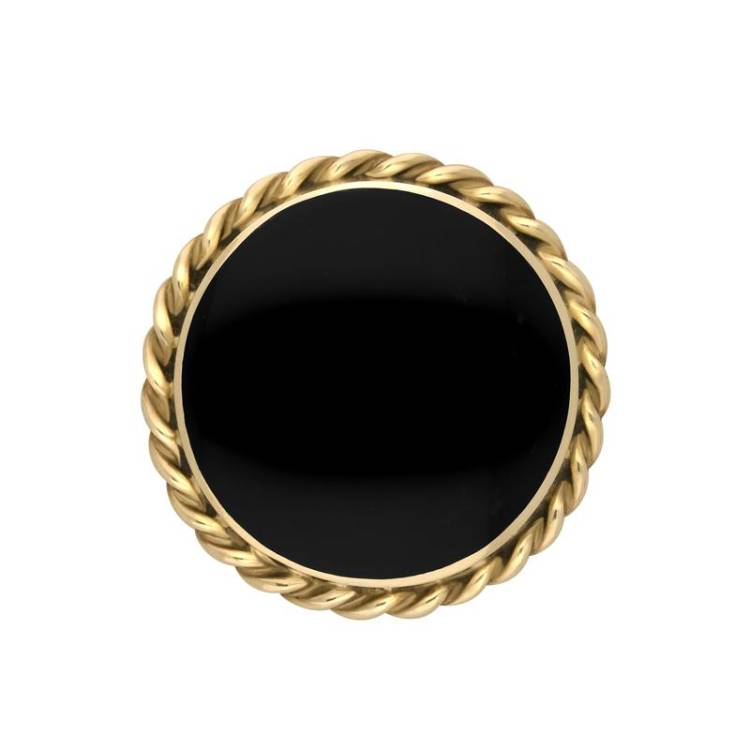 9ct Yellow Gold Whitby Jet Round Rope Edge Brooch - Yellow Gold