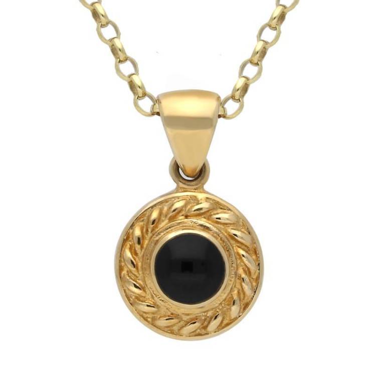 9ct Yellow Gold Whitby Jet Round Rope Edge Necklace - Yellow Gold