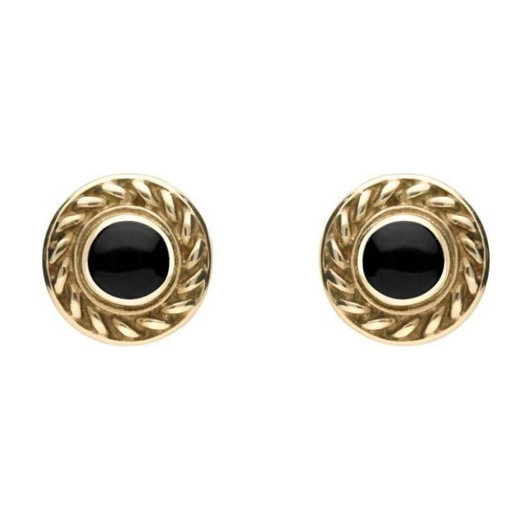 9ct Yellow Gold Whitby Jet Round Rope Edge Stud Earrings - Yellow Gold