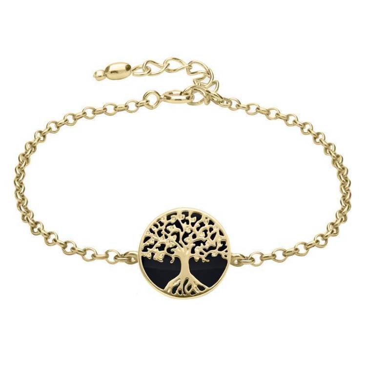 9ct Yellow Gold Whitby Jet Round Tree of Life Chain Bracelet