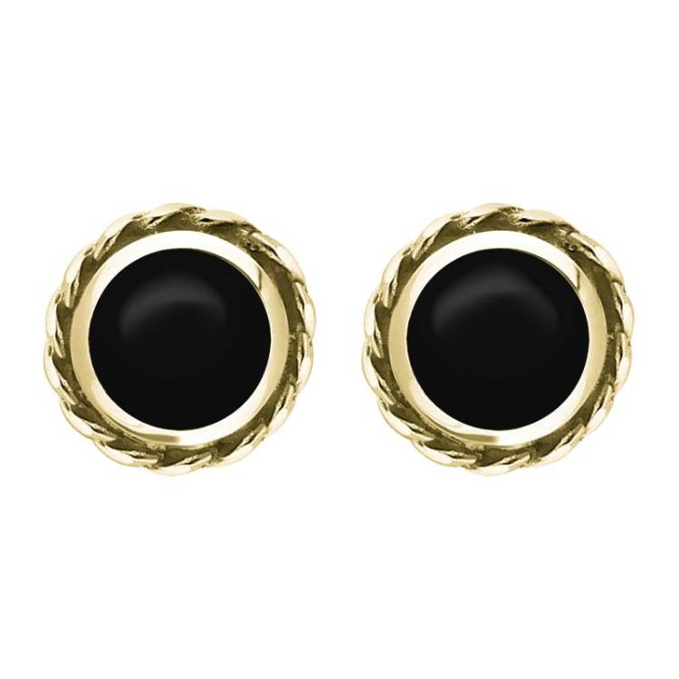 9ct Yellow Gold Whitby Jet Round Twist Edge Stud Earrings