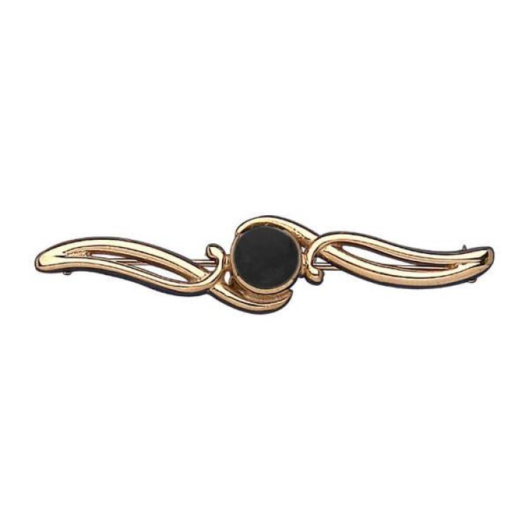 9ct Yellow Gold Whitby Jet Scroll Bar Brooch - Yellow Gold