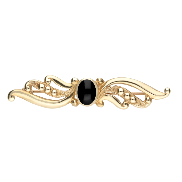 9ct Yellow Gold Whitby Jet Scroll Bead Brooch - Yellow Gold