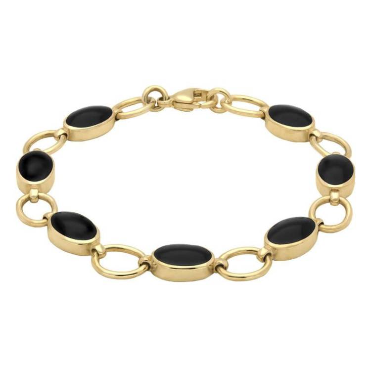 9ct Yellow Gold Whitby Jet Seven Oval Stone Bracelet - Option1 Value Yellow Gold
