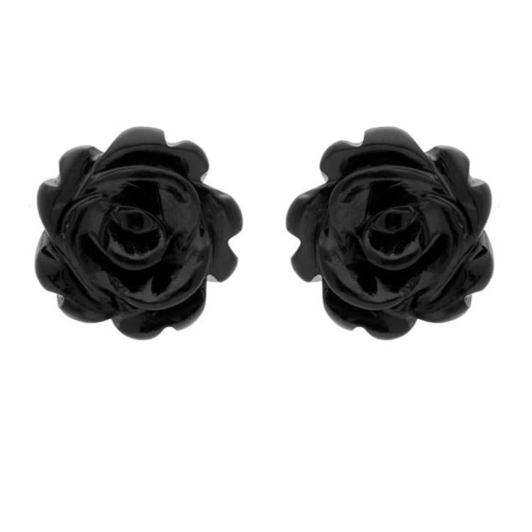 9ct Yellow Gold Whitby Jet Tuberose 8mm Rose Stud Earrings - Yellow Gold