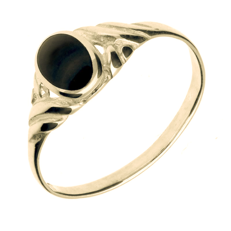 9ct Yellow Gold Whitby Jet Small Carved Scroll Ring - Yellow Gold