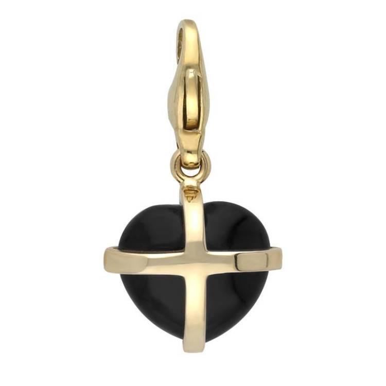 9ct Yellow Gold Whitby Jet Small Cross Heart Charm - Gold