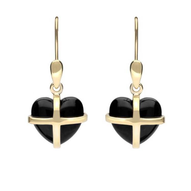 9ct Yellow Gold Whitby Jet Small Cross Heart Drop Earrings - Option1 Value Yellow Gold