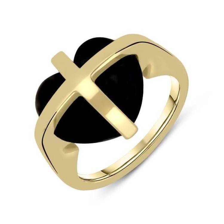 9ct Yellow Gold Whitby Jet Cross Heart Ring - Yellow Gold