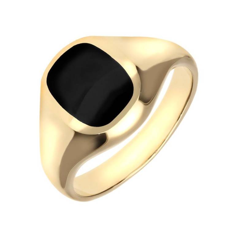 9ct Yellow Gold Whitby Jet Small Cushion Signet Ring - Yellow Gold