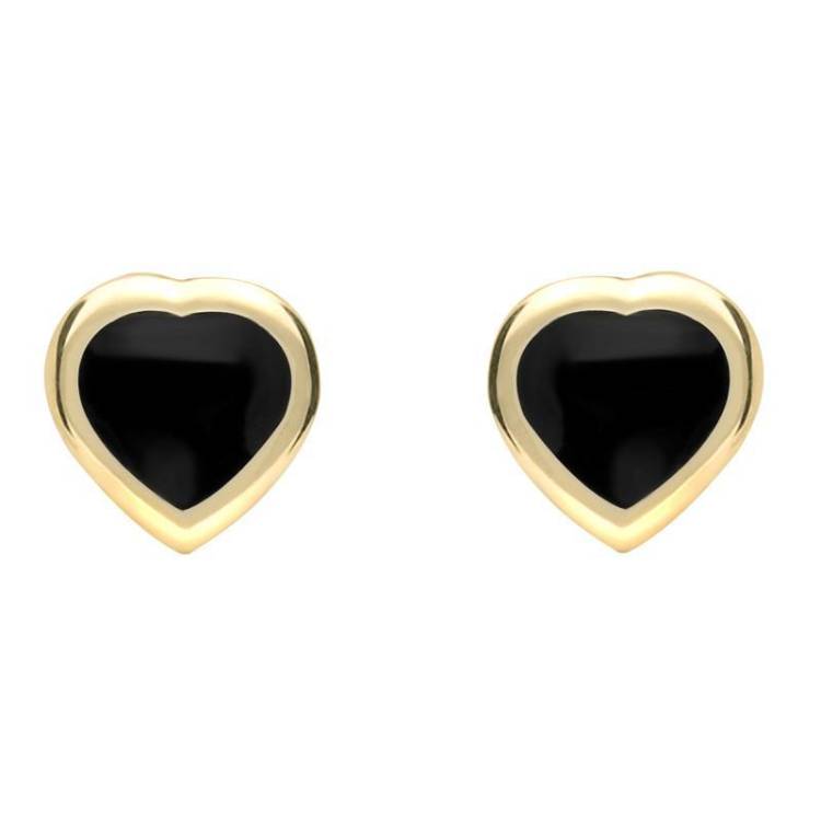 9ct Yellow Gold Whitby Jet Small Framed Heart Stud Earrings - Yellow Gold