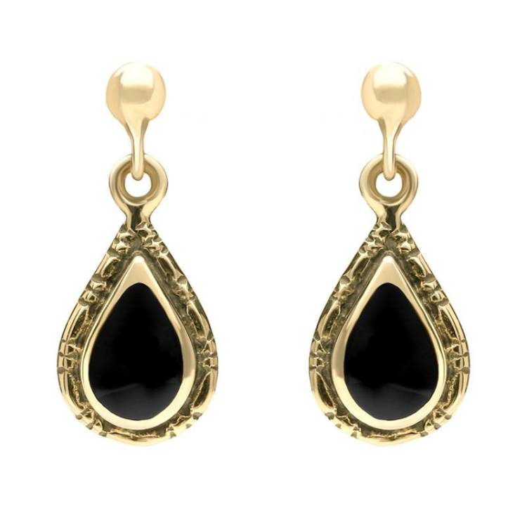 9ct Yellow Gold Whitby Jet Small Pear Drop Earrings - Yellow Gold