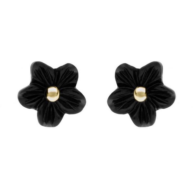 9ct Yellow Gold Whitby Jet Tuberose 8mm Flower Stud Earrings - Yellow Gold