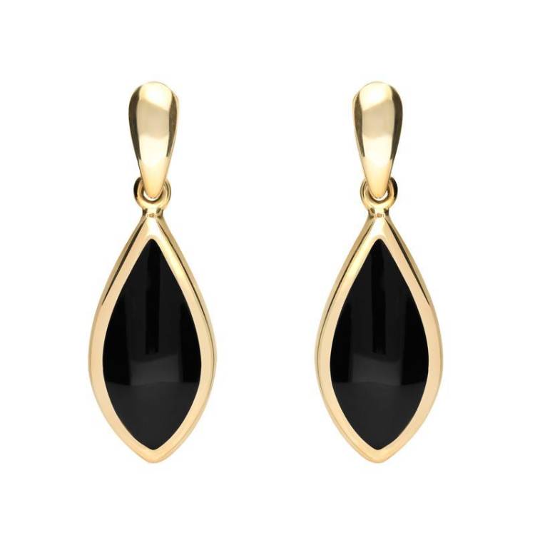 9ct Yellow Gold Whitby Jet Small Pointed Pear Drop Earrings - Yellow Gold