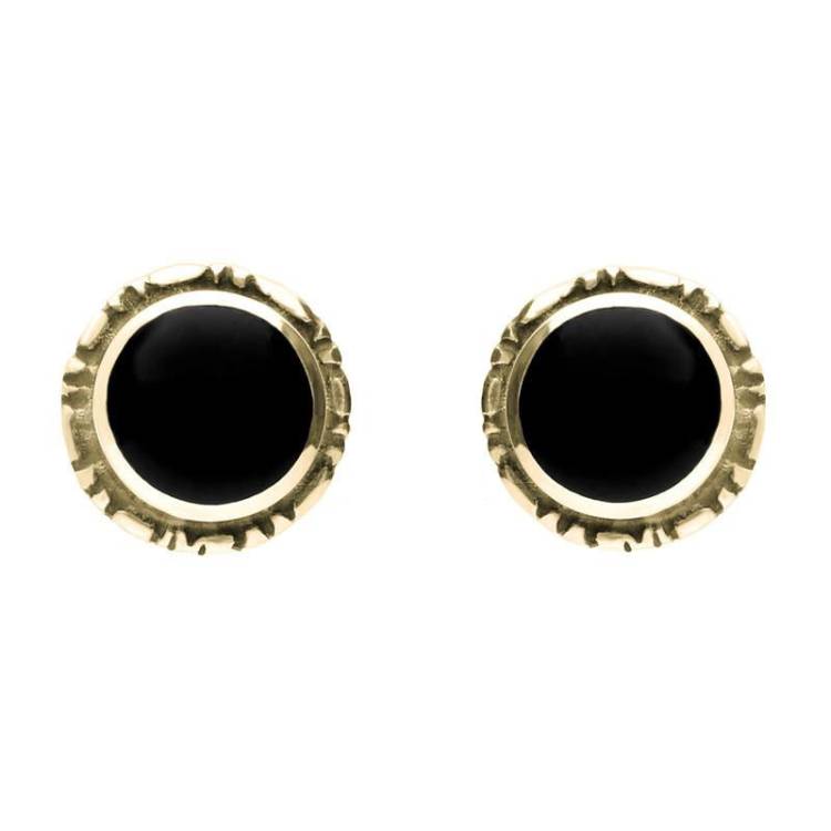 9ct Yellow Gold Whitby Jet Small Round Rope Edge Stud Earrings - Yellow Gold