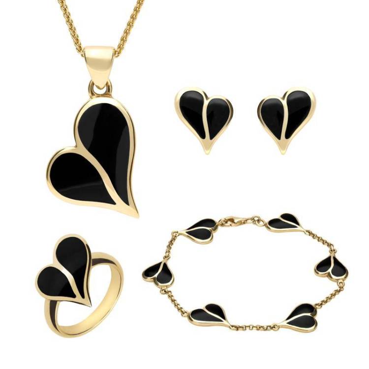 9ct Yellow Gold Whitby Jet Split Heart Four Piece Set - Gold