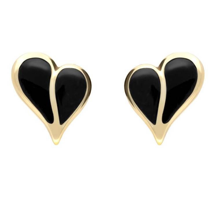 9ct Yellow Gold Whitby Jet Split Heart Stud Earrings - Yellow Gold
