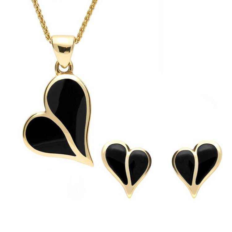 9ct Yellow Gold Whitby Jet Split Heart Two Piece Set - Gold
