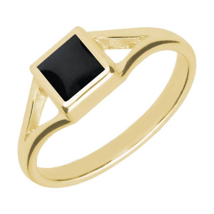9ct Yellow Gold Whitby Jet Square Split Shoulder Ring - Yellow Gold