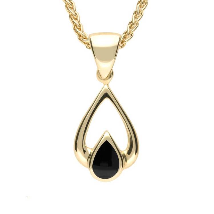 9ct Yellow Gold Whitby Jet Tear Drop Necklace - Yellow Gold