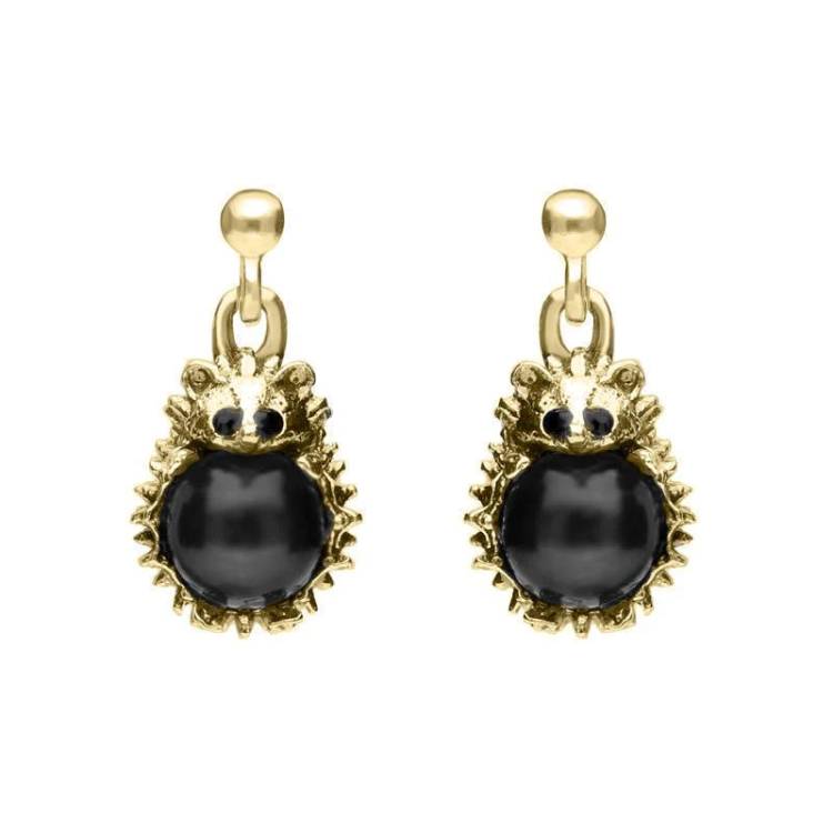 9ct Yellow Gold Whitby Jet Tiny Hedgehog Drop Earrings - Yellow Gold