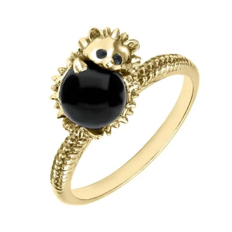 9ct Yellow Gold Whitby Jet Tiny Hedgehog Ring - Yellow Gold