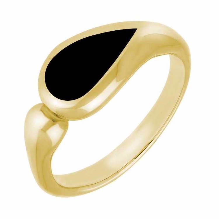 9ct Yellow Gold Whitby Jet Toscana Offset Teardrop Ring - Yellow Gold
