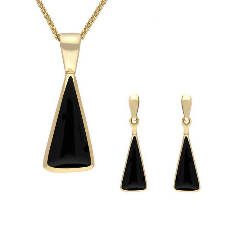 9ct Yellow Gold Whitby Jet Triangle Drop Two Piece Set
